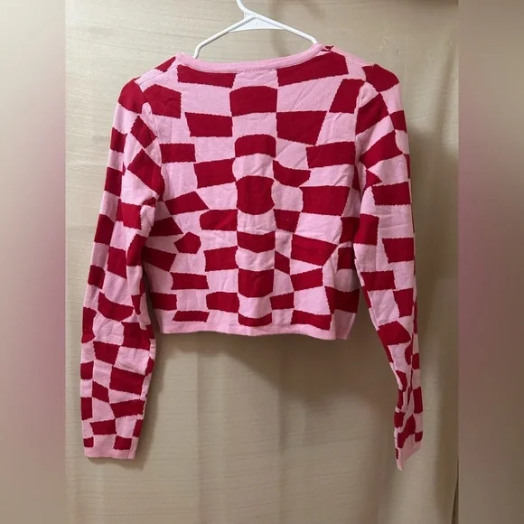 Pretty Garbage Pink & Red Checker Knit Cropped Cardigan | Size S - Picture 5 of 5